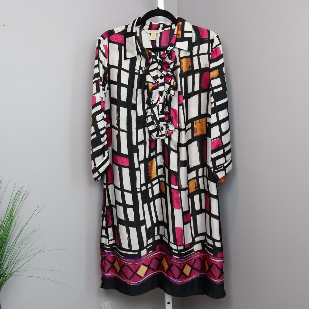 Jonathan Martin Ruffle Front Dress Women’s Size 14 Black Pink Geometric Print‎